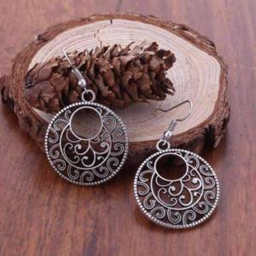 Round Boho Scroll Silver Patina Hook Earrings For